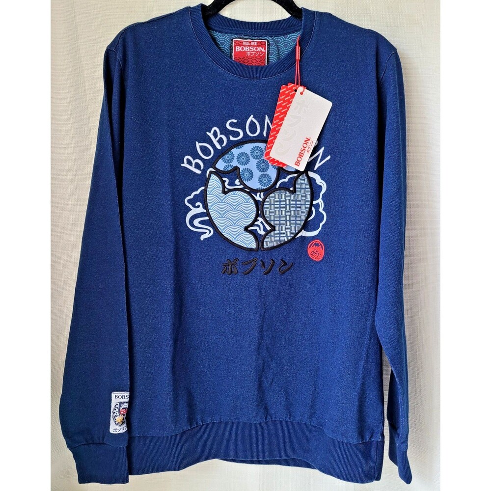 Bobson Japan Crewneck Sweatshirt Men's Medium Blue Graphic Pullover NWT Japanese